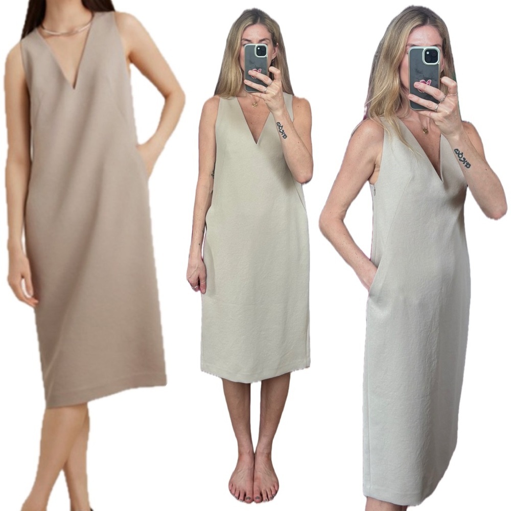 Babaton Aritzia V Neck Sleeveless Minimalist Grey Taupe Crepe Midi Pocket Dress